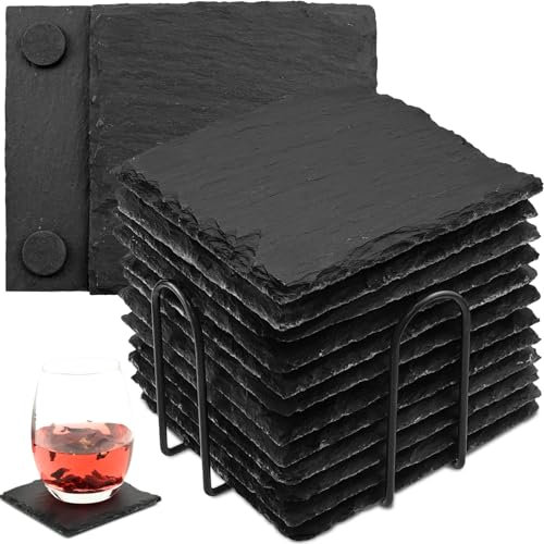12 Stück Schiefer Untersetzer mit Halter, 10x10 cm schwarzer Glasuntersetzer eckig mit kratzfester Unterseite, Quadratische Tisch-Untersetzer Servierplatten für Bar, Küche, Heimdekoration