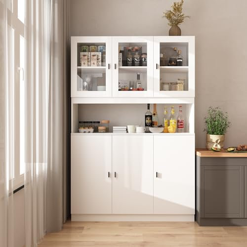 Meuble Cuisine avec 6 Portes et Verre,Buffet Cuisine avec Plan de Travail,Buffet de Cuisine avec étagères Réglables pour Salle à Manger Cuisine Blanche