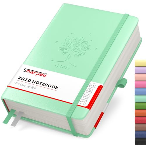 Smarpau Lined Journal Notebook - A5 Thick Notepad Hardcover Journal 320 Pages 100gsm Thick Lined Paper for Writing, Leather Notebook for Women Men Work School Office - Green