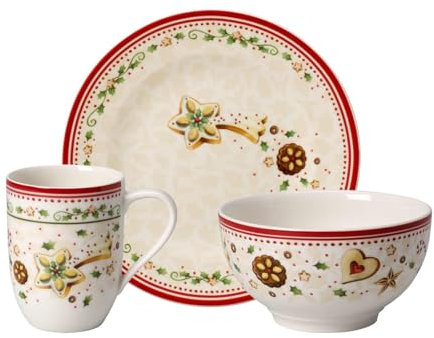 Villeroy & Boch Winter Bakery Delight Frühstücks-Set 3-teilig | Kaffeebecher, Müslischale und Frühstücksteller | Weihnachtliches Geschirr-Set | Premium Porzellan