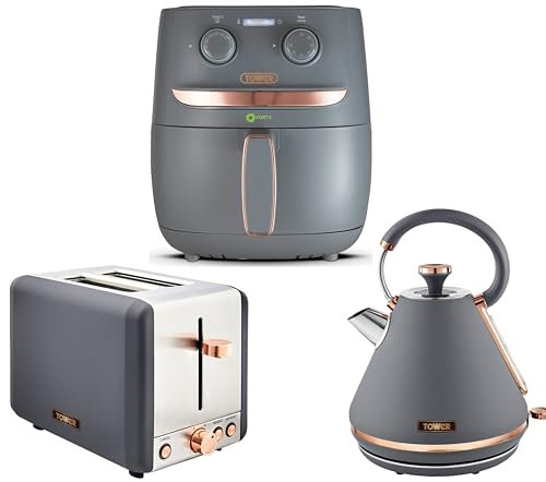 Tower Cavaletto Grey 1.7L 3KW Pyramid Kettle, 2 Slice Toaster and Vortx 3.8L Air Fryer. Contemporary Matching Kitchen Set in Matte Grey Finish with Rose Gold Accents