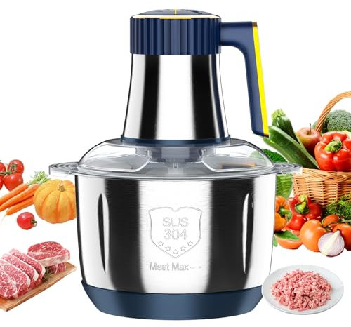 Hachoir éLectrique 500W, 4L Mixeur Hachoir Multifonctions Inox, 5 Vitesses de 6 Lames, Coupe Rapide en 10s, Idéal pour Hacher Toutes Sortes de Viandes, LéGumes, Fruits et éPices.