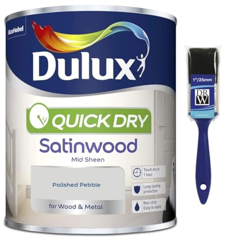 Polished Pebble Quick Dry Satinwood Paint 750ml | Interior Wood and Metal Paint | Durable Mid Sheen Finish | Fast Drying Trim Paint for Doors Skirting Boards Cupboards and Furniture