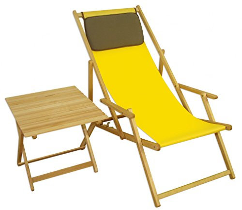 Strandstuhl gelb Gartenliege Strandliege Deckchair Tisch Kissen Liegestuhl Holz hell 10-302NTKD