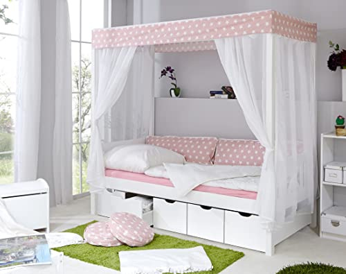 TiCAA Kinderbett Himmelbett mit Schubkasten 90x200 cm, für Jungen & Mädchen, inkl. Vorhangstoff, Montessori Bett weiß aus Kiefer Massivholz