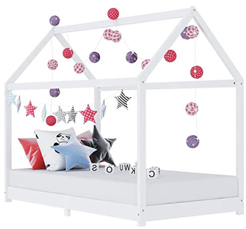 vidaXL Kiefernholz Massiv Kinderbett Hausbett Bettenhaus Spielbett Kinder Bett Kinderhaus Holzbett Bettgestell Lattenrost Weiß 90x200cm