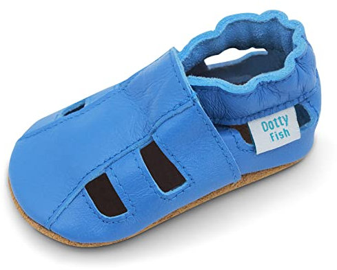 Dotty Fish Barfuß-Krabbelschuhe aus weichem Leder für Babys und Kleinkinder. Jungen und Mädchen. Sandalen hellblau. 12-18 Monate (21 EU)