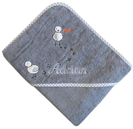 Wörner Kapuzen-Badetuch mit Wunsch-Name bestickt Küken grau 100 cm x 100 cm personalisiertes Handtuch aus Bio-Baumwolle