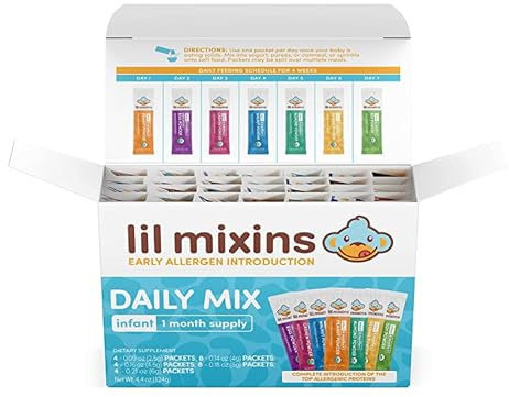 Lil Mixins Introduction précoce aux allergènes, mélanges, mélange quotidien | Cacahuète, œuf, noix de cajou, noix, amande, soja, sésame pour les enfants de 4 à 12 mois, approvisionnement de 1 mois