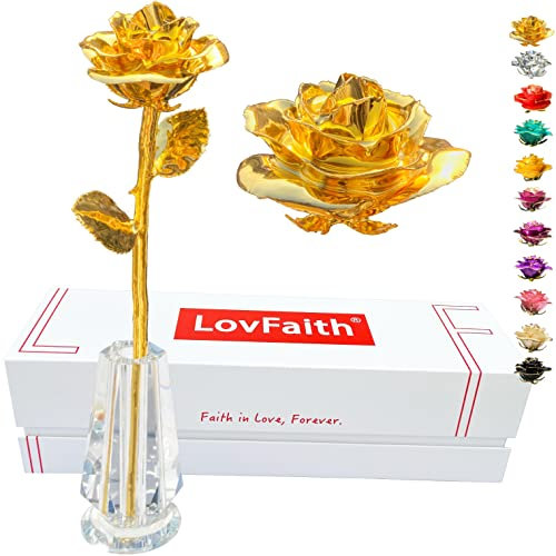 LovFaith Véritable rose trempée en or 24 carats, cadeau de luxe pour femme, pour son anniversaire de mariage, Saint-Valentin, avec support en cristal