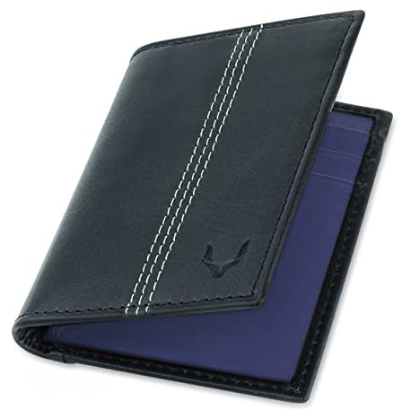 PELLE TORO Minifold Leather Credit Card Holder for Men - Thin RFID Blocking Contactless Card Protector, Handmade Minimalist Slim Wallet in Gift Box, Black Blue