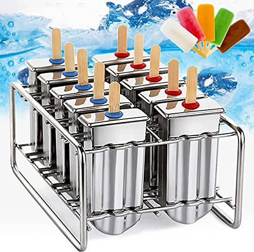 0℃ Outdoor Moule Glace Acier, Moules Sorbet Acier Inoxydable, Moule Glace INOX Magnum Cake, Acier Inoxydable Moule à Popsicle avec Support de Bâton Famille Ice Cream Ensemble de Moules de 10