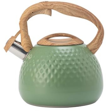 Stainless Steel Teapot with Wood Grain Handle, 2.8L Whistling Kettle Suitable for Gas Stove Induction Cooker Durable (Green)