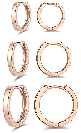 3 Paires Boucles d'oreilles Femme Créoles Petites en Argent Fin 925 Plaqué Or Rose, Diamètre 8mm/10mm/12mm