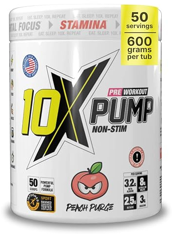 10X Athletic Non Stim Pre Workout Powder 3.2g Beta Alanine No Caffeine Creatine Sugar Free Vegan Low Calorie Various Flavours 600g 25/50 Servings (Peach)