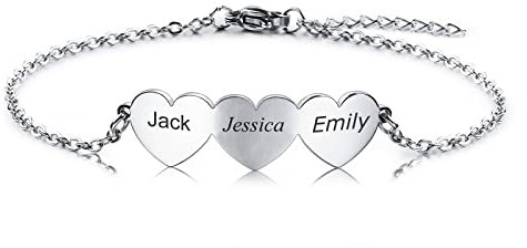 INBLUE Personalisiertes Herzförmiges Liebesarmband Mit 2-5 Namen für Mädchen Frauen Mütter Namen Gravur Individuell Einstellbare Armbänder für Freundschaft/Paare/Familien Geschenk (3 Herzen)