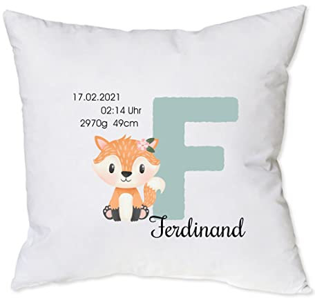 minimutz Kissen zur Geburt mit Namen personalisiert | Buchstabe mit Tiermotiv Boho inkl. Geburtsdaten 40 x 40 cm | Geschenk Geburt Taufe Deko-Kissen für BabyZimmer Altrosa Kissenbezug