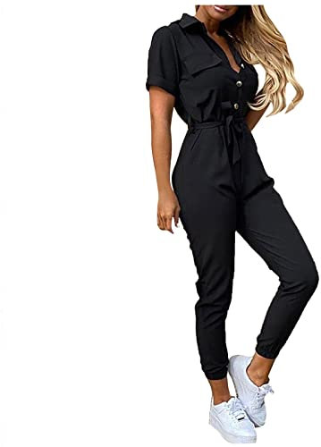 Graceyo Cargo Jumpsuit Damen mit Gürtel Lang Sommer Elegant Jumpsuits Frauen Onesie Overall Bodycon Romper mit Kragen Kuschelig Dünn Casual Playsuit Kurzarm Einfarbig Hosenanzug
