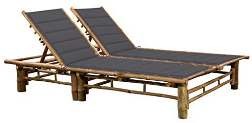 Rillbus Doppelte Gartenliege Doppelliege Bambus, Campingliege Strandstuhl mit Auflage, Liegestuhl für Garten Urlaub Outdoor, 200x130x(24-87) cm
