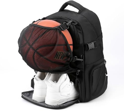 HMAKGG Basketball Rucksack, Sportrucksack mit Schuhfach & Ballfach, Wasserfester Basketball Tasche mit mit 15.6 Zoll Laptop-Fach & Ballsack, Zaunhaken, für Jugend Herren Damen, Schwarz