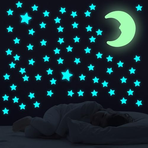AIYONG Leucht Sterne Mond Set, 103 Stück Leuchtsticker Fluoreszierend Wand Aufkleber Plastik mit Selbstklebend Sticker für Schlafzimmer Kinderzimmer Decke