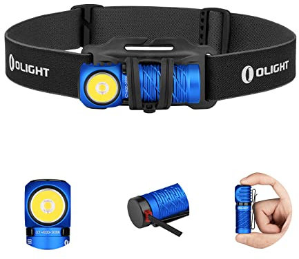 OLIGHT Perun 2 Mini LED Stirnlampe 1100 Lumen 150 Meter, USB Wiederaufladbare EDC Taschenlampe mit Rotlicht, 5 Lichtmodi Wasserdichte Kopflamp mit Stirnband für Campen, Notfälle Blau