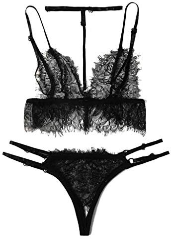 BH Schritt S-2XL offene Kleidung Spitze Black Halter Set Thong Blumenstring V-Ausschnitt Frauen Unterwäsche Aufbewahrung Sexy Set Rot Damen Dessous Set String und Neckholder BH Reizvolle Frauen Stick