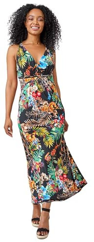 Roman Originals Maxi Dress for Women UK Ladies Twist Knot Front Empire Waist Summer Party Casual Holiday Bohemian Beach Cruise Evening Long Sleeveless V Neck Jersey Black Red