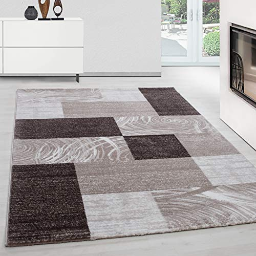 Teppium Moderner Kurzflor Teppich Wohnzimmer 140 x 200 cm Braun - Teppich Waschbar, Abstrakt Kariert Design, Pflegeleicht und Weich - Ideal für Schlafzimmer, Esszimer und als Küchenteppich