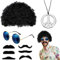 9 Stück Hippie Kostüm Set, 70er 80er Jahre Perücke Disco, Mode Afro Perücke, Sonnenbrille, Frieden Zeichen Halskette, Schnauzbart, Hippie Kostüm Herren Perücke für 60er 70er Jahre Hippie Mottoparty