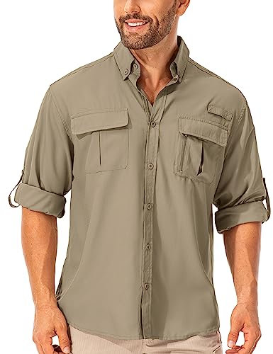 mosingle Men's Long Sleeve Hiking Shirt, Sun UV Protection Safari Fishing Outdoor Shirt Quick Drying Lightweight Walking Travel Shirts #5053-Khaki-XL