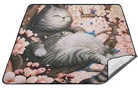 YOUJUNER Picknickdecke 200x200cm, Fat Cat Floral groß wasserdicht Campingdecke faltbar Strandmatte Picknick-Matte