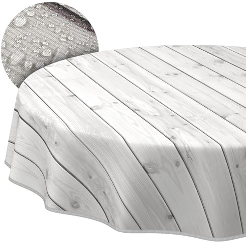 ANRO Tischdecke abwaschbar Holz Grau mit Saum rund Ø 120 cm In-/Outdoor | mit Saum eingefasst – ideal für Garten, Terrasse & Esszimmer – Gartentischdecke wetterfest – waschbar bei 30 °C