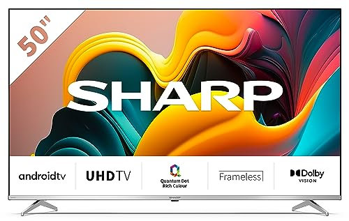 SHARP 4T-C50FP6KL2AB 50 Inch Smart TV 4K UHD Quantum Dot TV with Google Assistant, Freeview Play & Chromecast Built In, Android TV, UHD Frameless Television, 4x HDMI & 2x USB Bluetooth TV – Silver