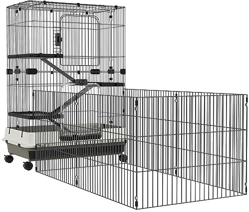 PawHut Cage pour Petits Animaux Roulante 3 Rampes 182 x 81 x 114 cm Noir