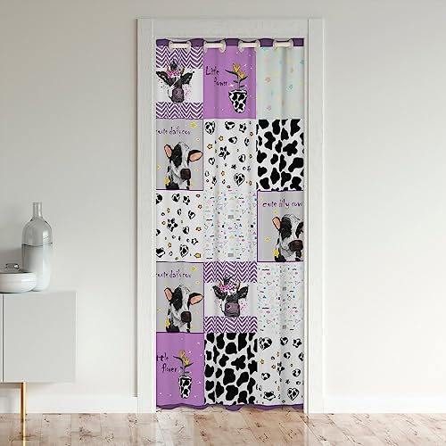 Kuhfell Tür Vorhang Geschenk, Bauernhaus Nette Cartoon Kuh Tür Vorhang Schlafzimmer Dekor, Lila Plaid Streifen Patchwork Blackout Vorhang 1 Panel 86x203