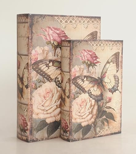 TEH Decorative Storage Book Boxes, Vintage Faux Book Box Set of 2 - Decorative Storage and Secret Safe for Jewelry, Keepsakes, and Office Supplies (Butterfly)