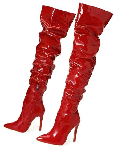 Stivali sopra Il Ginocchio Stivali Alti al Ginocchio da Donna Stivali Alti alla Coscia in PU Stivali Alti al Ginocchio da Donna Punta A Punta Tacco A Spillo Sexy con Cerniera Laterale,Rosso,36