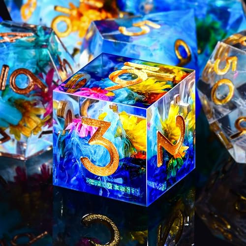 SIQUK 7 Stück Polyedrische Würfel Set 7 Polyedrische Würfel D4 D6 D8 D10 D12 D20 D% Spielwürfel für Dungeons and Dragons DND RPG MTG, Tintenblaue Blume