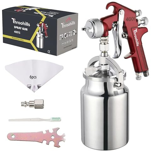Throohills Siphon Feed Spray Gun for Piant with 1.8mm Nozzle, 1000cc Cup and 6pcs Paint Strainers for Cars & HousePainting Gun(Red)