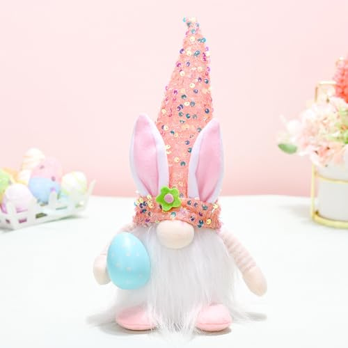 NSXIN 2 Stück Ostern Deko Wichtel Hasen, Leuchtende Osterhasen Zwerg Osterdeko Handgemachte Plüsch Wichtel Puppen mit Eiern, Schwedische GNOME Puppen für Urlaub Dekoration (Pailletten-Rosa)