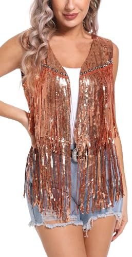 FEOYA Women's Sequin Waistcoat Glitter Fringe Vest Festival DiscoTop S-L | Cowgirl Gilet Sleeveless Jacket Vintage Western Prom Rave Party