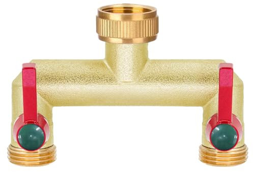 iBamso Splitter per tubo da giardino in ottone resistente, splitter per rubinetto a 2 vie da 3/4, uscita ad alto flusso con 2 valvole individuali on/off e maniglia estesa, lo splitter per rubinetto