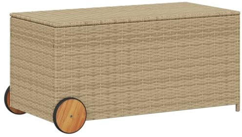 vidaXL Gartentruhe mit Rollen, Kissenbox Auflagenbox mit Deckel, Gartenbox Garten Aufbewahrungsbox mit wasserfestem Beutel, Spielzeugbox Gartenmöbel, Beige 190L Poly Rattan