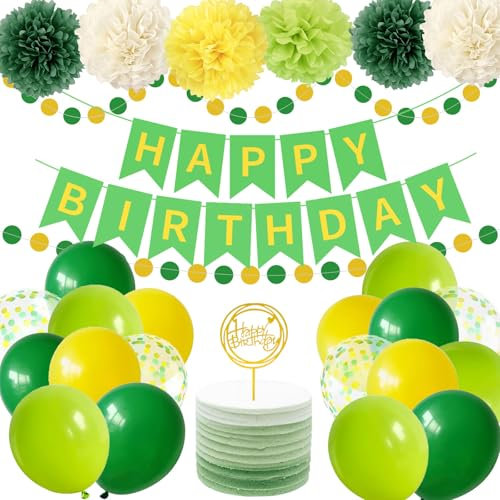 Grün Gelb Geburtstag Deko HAPPY BIRTHDAY Banner Seidenpapier Pompoms Runde Circle Girlande Grün-Gelb Luftballons Gruen Konfetti Ballons Geburtstagsdeko