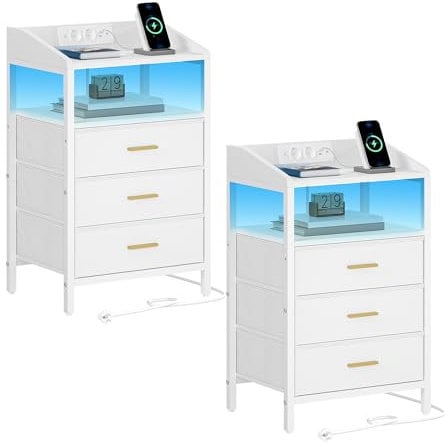 Hzuaneri Nachttisch 2er Set, mit LED-Leuchten und Ladestation, Beistelltisch mit 3 Stoff-Schubladen und Regalen, mit USB-Anschlüssen & Steckdosen, für Schlafzimmer, Wohnzimmer, Weiß NS35513W