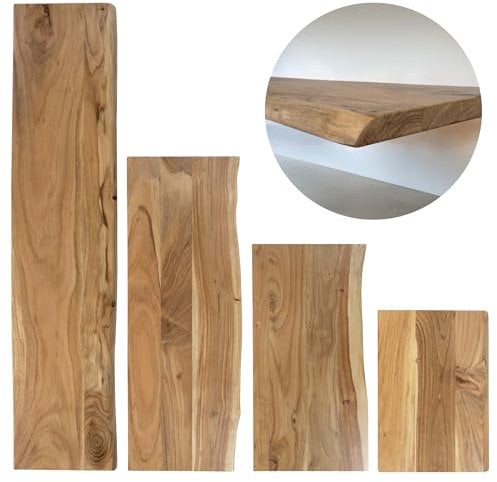 trelevo Holzplatte 160x30 cm, Akazienholz massiv 26mm, Tischplatte naturfarben, Baumkantenplatte für Regale und Rückenlehne Bank, einseitige Baumkante