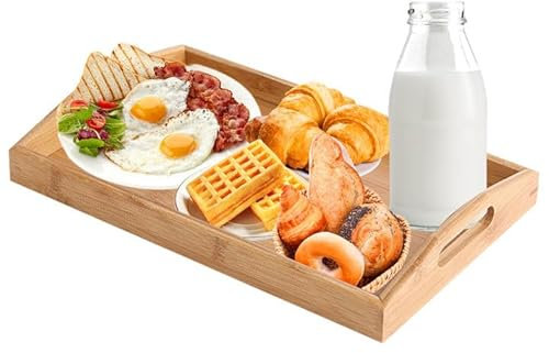 Bamboo Wooden Serving Platter Tray, Rectangular Bamboo Tray with Wide Handles, Large Wooden Nesting Tray for Eating Breakfast Tea Coffee (Small)