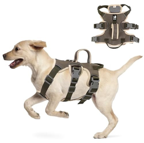 LiebeDD Hundegeschirr für Kleine Mittelgroße Hunde Welpen Geschirr, Anti Zug Geschirr Hund Sicherheitsgeschirr Ausbruchsicher, Panikgeschirr für Hunde Zuggeschirr Hund, Armee Grün, L