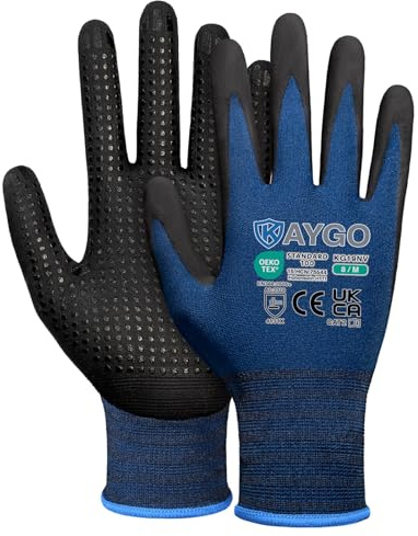 KAYGO Work Gloves with Grip Dots on Palm for Anti-Slip 12 Pairs, KG19NV | Nylon Liner, MicroFoam Nitrile Coated, Light Oil Compatible, Gripper Work Gloves for Warehouse, Automotive, DIY (Navy, M)